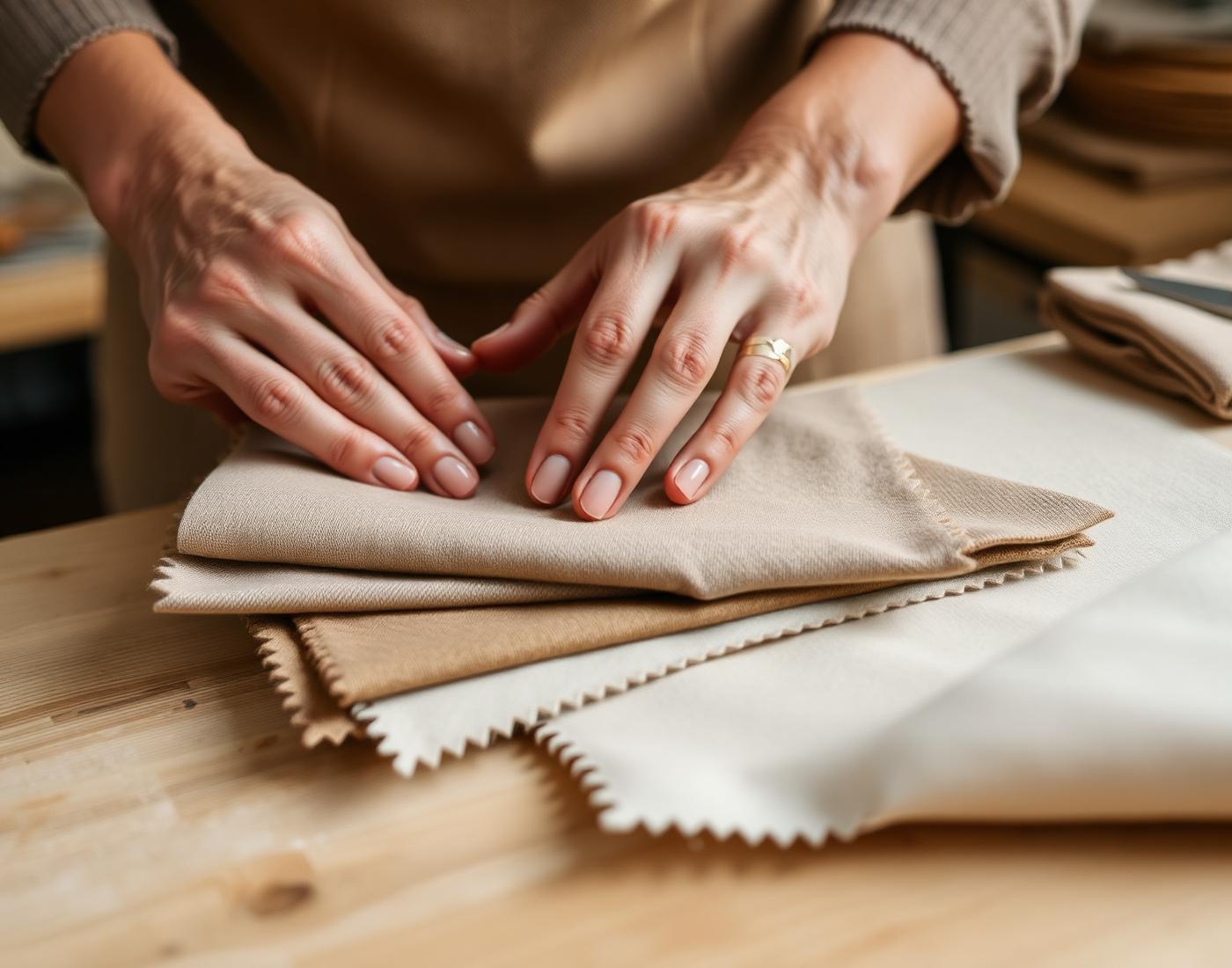 Handmatig stofselectie in Nederlands atelier